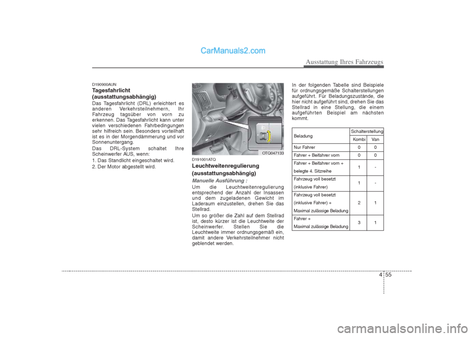 Hyundai H-1 (Grand Starex) 2009  Betriebsanleitung (in German) 455
Ausstattung Ihres Fahrzeugs
D190900AUN 
Tagesfahrlicht(ausstattungsabhängig)
Das Tagesfahrlicht (DRL) erleichtert es 
anderen Verkehrsteilnehmern, Ihr
Fahrzeug tagsüber von vorn zu
erkennen. Das