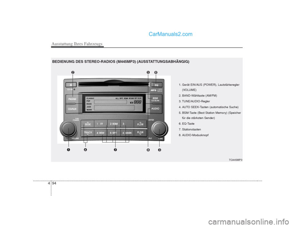 Hyundai H-1 (Grand Starex) 2009  Betriebsanleitung (in German) Ausstattung Ihres Fahrzeugs
94
4
1. Gerät EIN/AUS (POWER), Lautstärkeregler
(VOLUME)
2. BAND-Wähltaste (AM/FM) 
3. TUNE/AUDIO-Regler
4. AUTO SEEK-Tasten (automatische Suche)
5. BSM-Taste (Best Stat