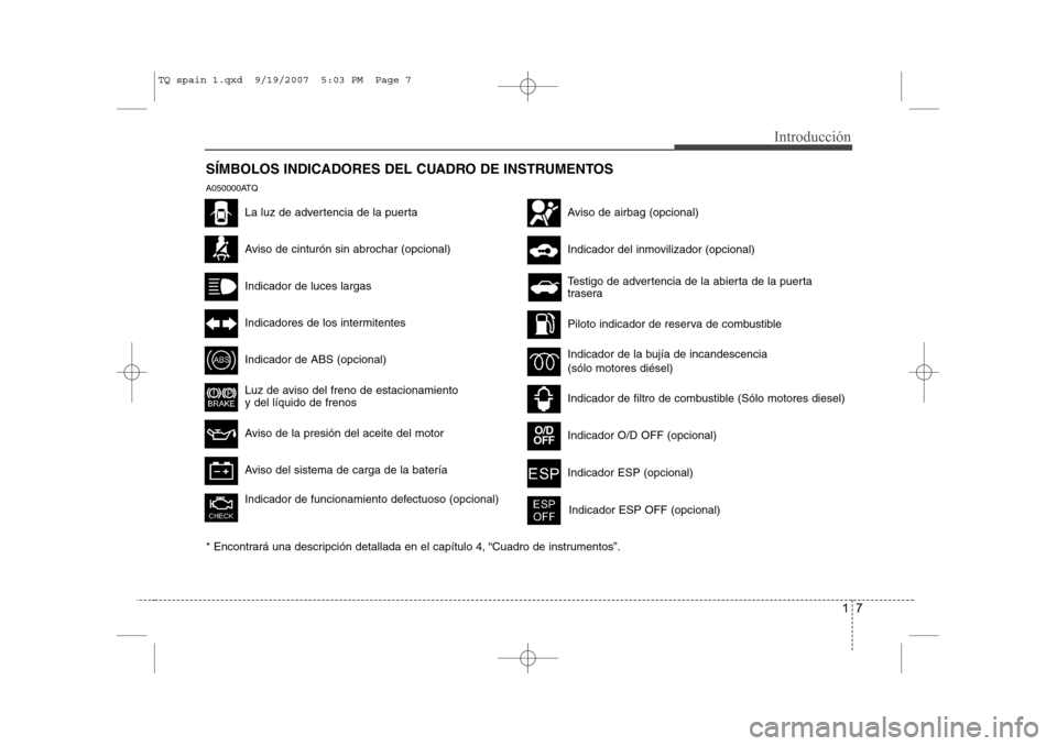 Hyundai H-1 (Grand Starex) 2008  Manual del propietario (in Spanish) 17
Introducción
SÍMBOLOS INDICADORES DEL CUADRO DE INSTRUMENTOS
Aviso de cinturón sin abrochar (opcional)
Indicador de luces largas
Indicadores de los intermitentes
Indicador de ABS (opcional)
Luz 