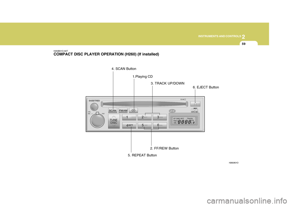 Hyundai H-1 (Grand Starex) 2007  Owners Manual 2
INSTRUMENTS AND CONTROLS
59
H260B01O-AAT COMPACT DISC PLAYER OPERATION (H260) (If installed)
H260A01O
1.Playing CD
2. FF/REW Button
3. TRACK UP/DOWN
4. SCAN Button
5. REPEAT Button 6. EJECT Button  