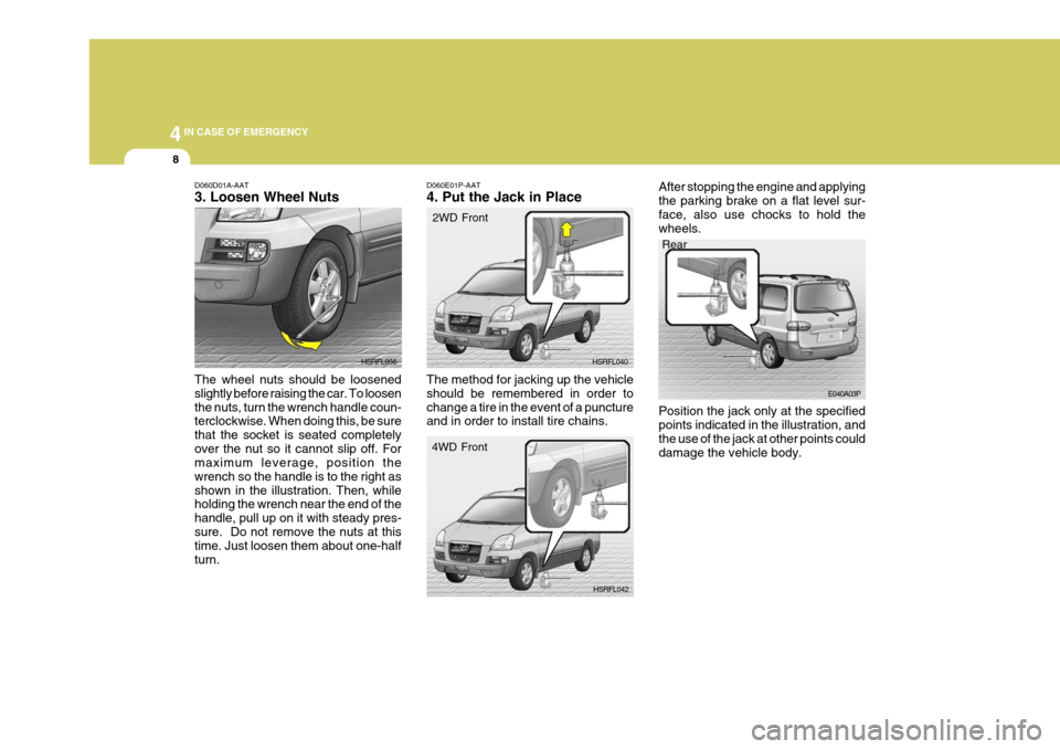Hyundai H-1 (Grand Starex) 2007  Owners Manual 44IN CASE OF EMERGENCY
8
D060D01A-AAT 3. Loosen Wheel Nuts The wheel nuts should be loosened slightly before raising the car. To loosenthe nuts, turn the wrench handle coun- terclockwise. When doing t