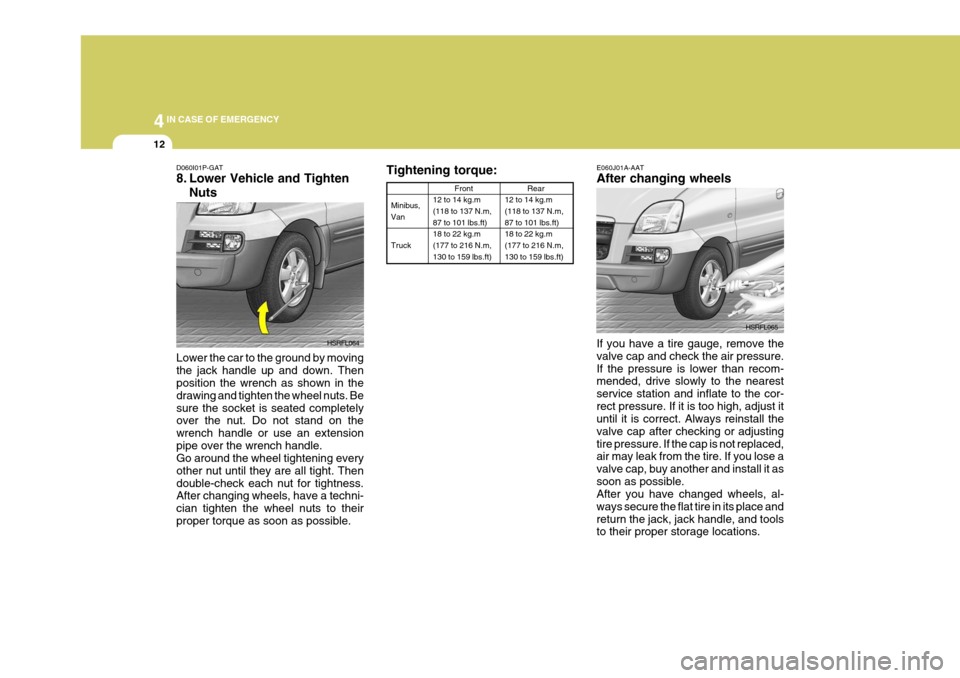 Hyundai H-1 (Grand Starex) 2007  Owners Manual 44IN CASE OF EMERGENCY
12
Tightening torque:
Minibus, Van Truck Front
12 to 14 kg.m (118 to 137 N.m, 87 to 101 lbs.ft) 18 to 22 kg.m(177 to 216 N.m, 130 to 159 lbs.ft)
Rear
12 to 14 kg.m (118 to 137 N