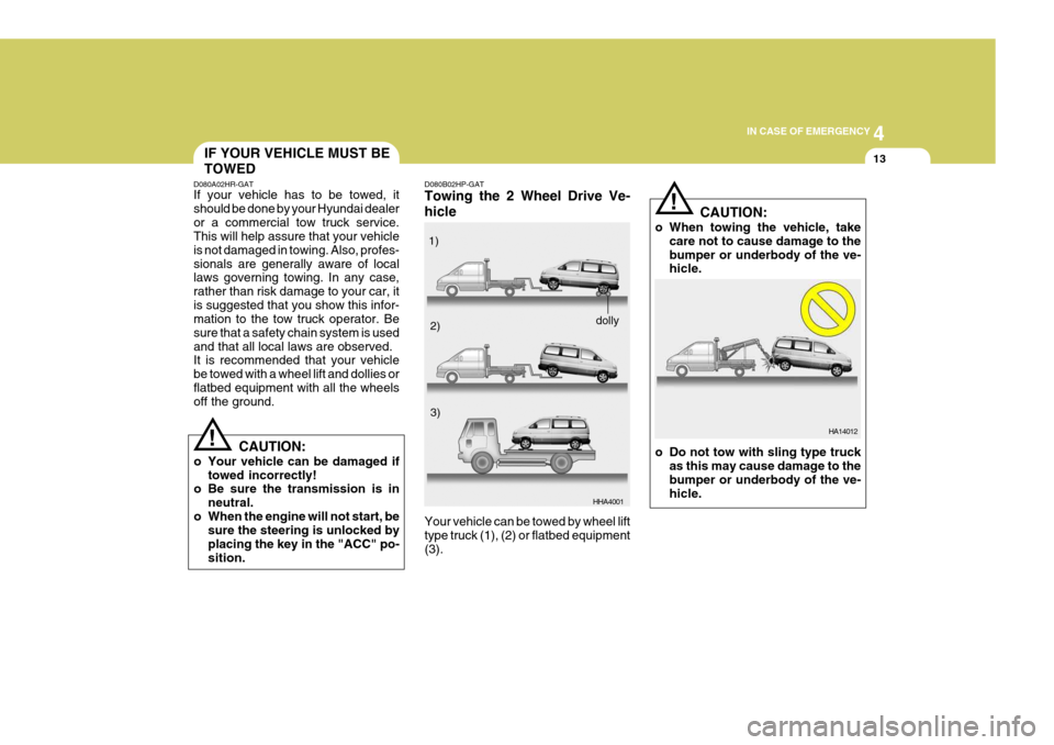 Hyundai H-1 (Grand Starex) 2007  Owners Manual 4
CORROSION PREVENTION AND APPEARANCE CARE
13
4
IN CASE OF EMERGENCY
13IF YOUR VEHICLE MUST BE TOWED
D080A02HR-GAT If your vehicle has to be towed, it should be done by your Hyundai dealeror a commerc