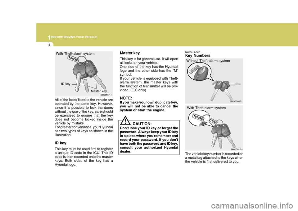 Hyundai H-1 (Grand Starex) 2007  Owners Manual 1BEFORE DRIVING YOUR VEHICLE
8
All of the locks fitted to the vehicle are operated by the same key. However,since it is possible to lock the doors without the use of the key, care should be exercised 