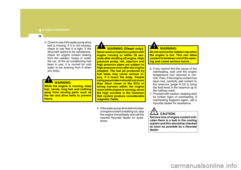 Hyundai H-1 (Grand Starex) 2007  Owners Manual 44IN CASE OF EMERGENCY
26
4. Check to see if the water pump drivebelt is missing. If it is not missing, check to see that it is tight. If the drive belt seems to be satisfactory, check for engine cool