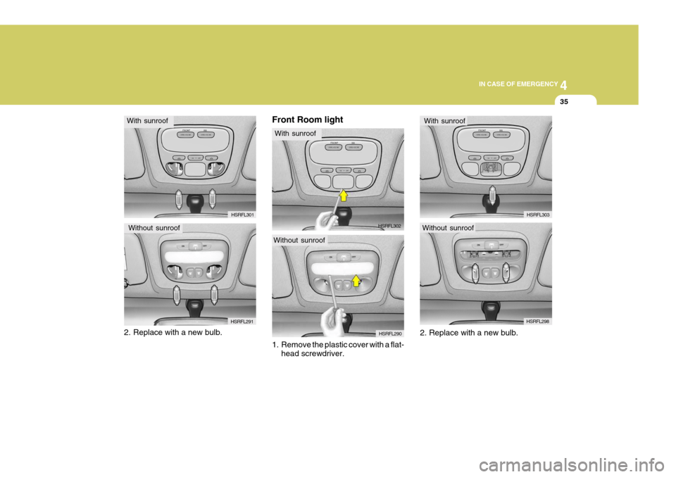 Hyundai H-1 (Grand Starex) 2007  Owners Manual 4
CORROSION PREVENTION AND APPEARANCE CARE
35
4
IN CASE OF EMERGENCY
35
Without sunroof
HSRFL2902. Replace with a new bulb. HSRFL301
With sunroof
Without sunroof HSRFL291Front Room light 
1. Remove th