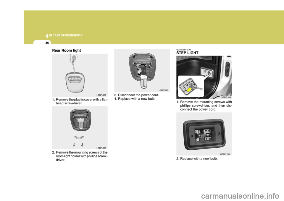 Hyundai H-1 (Grand Starex) 2007  Owners Manual 44IN CASE OF EMERGENCY
36
HSRFL285
Rear Room light 
1. Remove the plastic cover with a flat-
head screwdriver.
HSRFL286
2. Remove the mounting screws of the room light holder with phillips screw- driv