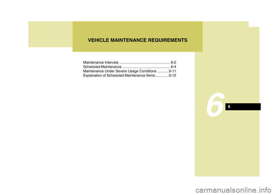 Hyundai H-1 (Grand Starex) 2007  Owners Manual Maintenance Intervals .................................................. 6-2 
Scheduled Maintenance ............................................... 6-4
Maintenance Under Severe Usage Conditions ......