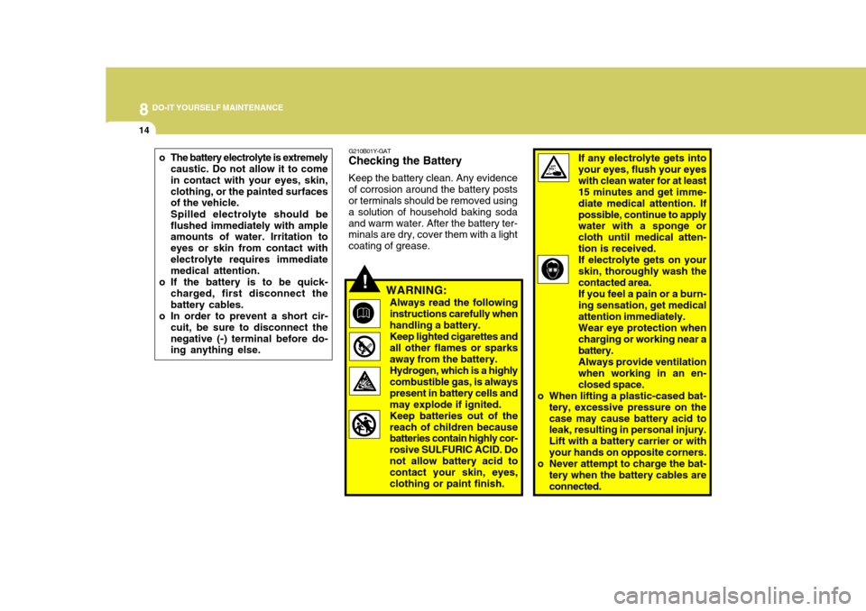 Hyundai H-1 (Grand Starex) 2007 Owners Manual 8DO-IT YOURSELF MAINTENANCE
14
o The battery electrolyte is extremelycaustic. Do not allow it to come in contact with your eyes, skin,clothing, or the painted surfaces of the vehicle. Spilled electrol Hyundai H-1 (Grand Starex) 2007 Owners Manual 8DO-IT YOURSELF MAINTENANCE
14
o The battery electrolyte is extremelycaustic. Do not allow it to come in contact with your eyes, skin,clothing, or the painted surfaces of the vehicle. Spilled electrol