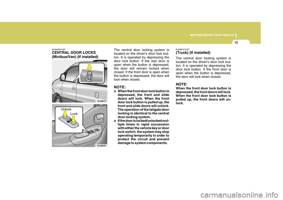 Hyundai H-1 (Grand Starex) 2007  Owners Manual 1
BEFORE DRIVING YOUR VEHICLE
15
B150B01P-GAT (Truck) (If installed) The central door locking system is located on the drivers door lock but-ton. It is operated by depressing the door lock button. If