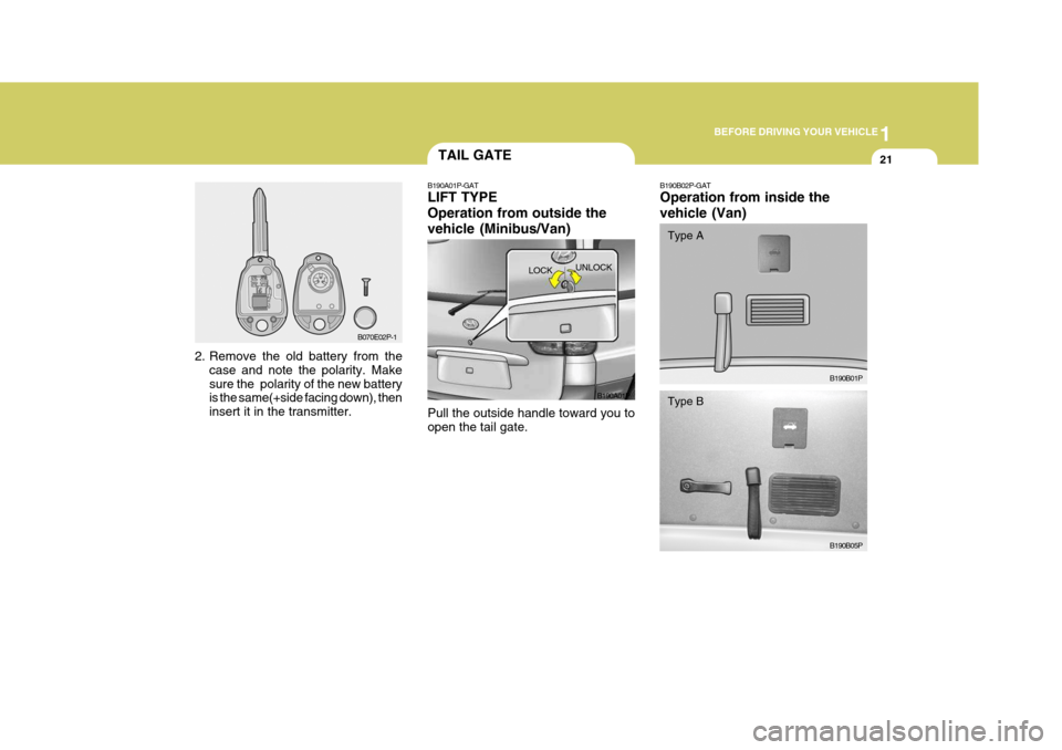 Hyundai H-1 (Grand Starex) 2007  Owners Manual 1
BEFORE DRIVING YOUR VEHICLE
21
B070E02P-1
TAIL GATE
B190A01P-GAT LIFT TYPE Operation from outside thevehicle (Minibus/Van) Pull the outside handle toward you to open the tail gate. B190A01P
LOCK
UNL