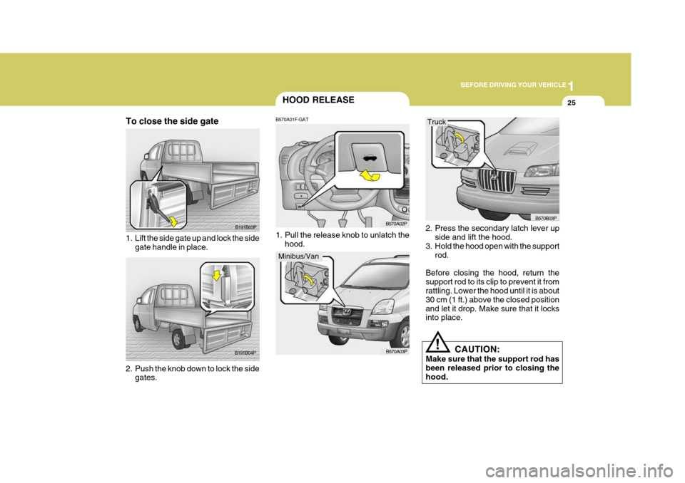 Hyundai H-1 (Grand Starex) 2007  Owners Manual 1
BEFORE DRIVING YOUR VEHICLE
25HOOD RELEASE
B570A01F-GAT 
1. Pull the release knob to unlatch the hood. B570A02P
B570A03P
B191B03P
B191B04P
To close the side gate 
1. Lift the side gate up and lock t