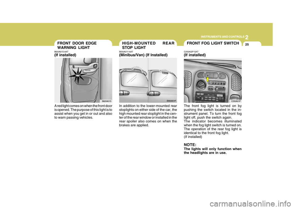 Hyundai H-1 (Grand Starex) 2007  Owners Manual 2
INSTRUMENTS AND CONTROLS
25FRONT FOG LIGHT SWITCH
C250A02P-GAT (If installed) The front fog light is turned on by pushing the switch located in the in- strument panel. To turn the front foglight off