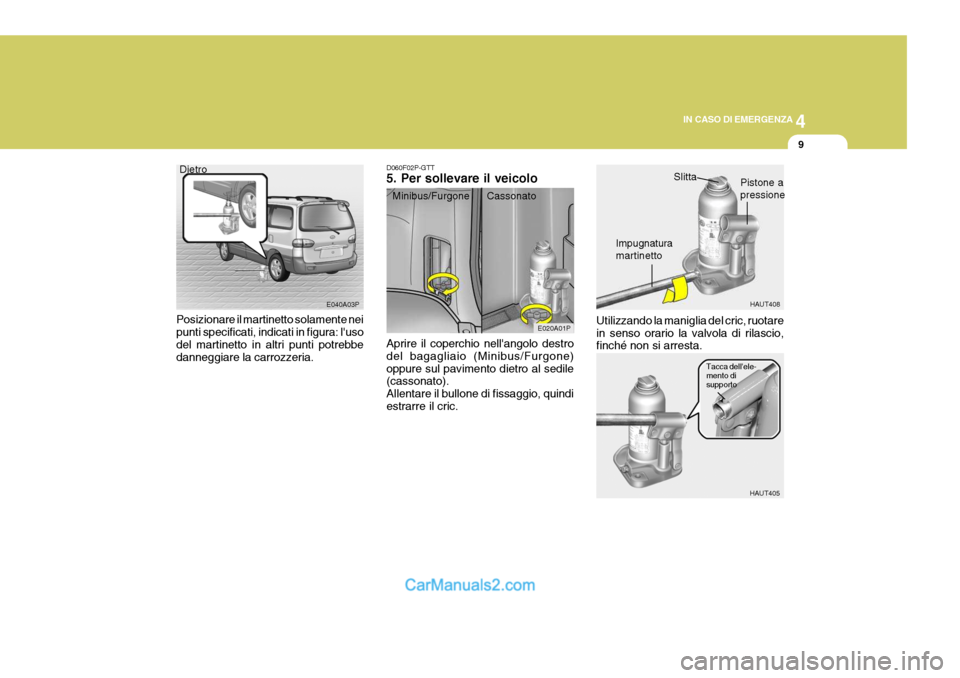 Hyundai H-1 (Grand Starex) 2007  Manuale del proprietario (in Italian) 4
CORROSION PREVENTION AND APPEARANCE CARE
9
4
IN CASO DI EMERGENZA
9
Dietro
E040A03P
Posizionare il martinetto solamente nei punti specificati, indicati in figura: luso del martinetto in altri punti