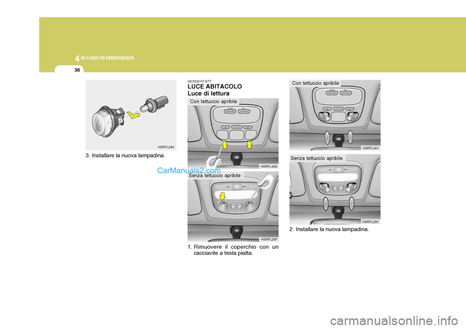 Hyundai H-1 (Grand Starex) 2007  Manuale del proprietario (in Italian) 44IN CASO DI EMERGENZA
36
3. Installare la nuova lampadina. HSRFL284
2. Installare la nuova lampadina. HSRFL301
HSRFL291
G270D01P-GTT LUCE ABITACOLO Luce di lettura 
1. Rimuovere il coperchio con un c