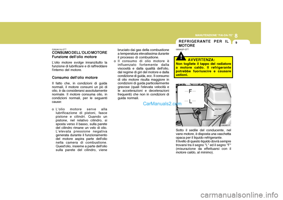 Hyundai H-1 (Grand Starex) 2007 Manuale del proprietario (in Italian) 8
MANUTENZIONE "FAI-DA-TE"
9
!
REFRIGERANTE PER IL MOTORE
G350A01A-GTT CONSUMO DELLOLIO MOTORE Funzione dellolio motore Lolio motore svolge innanzitutto la funzione di lubrificare e di raffreddare Hyundai H-1 (Grand Starex) 2007 Manuale del proprietario (in Italian) 8
MANUTENZIONE "FAI-DA-TE"
9
!
REFRIGERANTE PER IL MOTORE
G350A01A-GTT CONSUMO DELLOLIO MOTORE Funzione dellolio motore Lolio motore svolge innanzitutto la funzione di lubrificare e di raffreddare