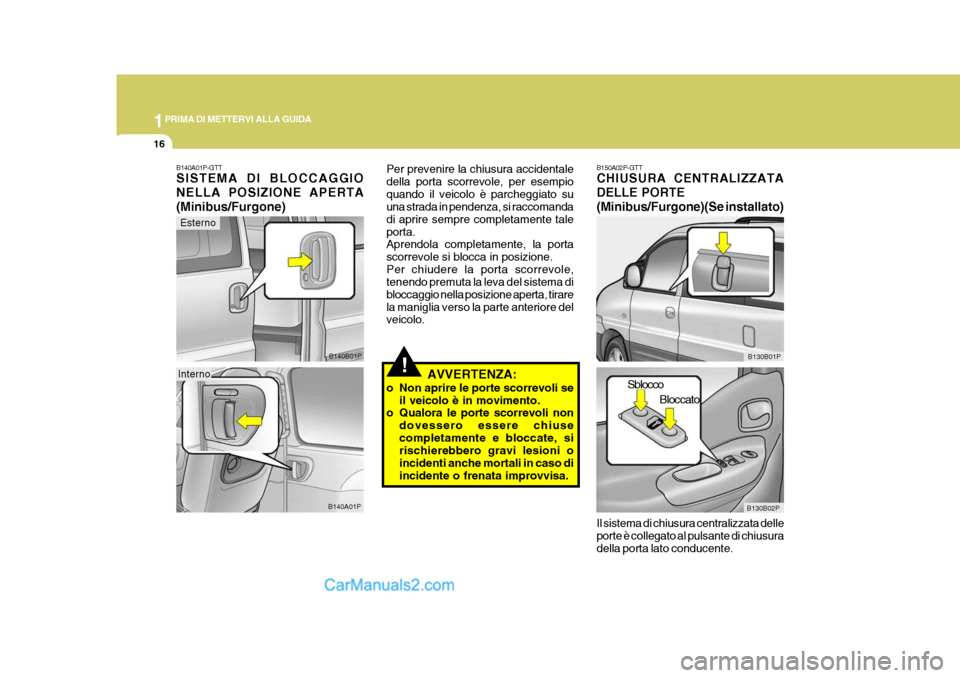 Hyundai H-1 (Grand Starex) 2007 Manuale del proprietario (in Italian) 1PRIMA DI METTERVI ALLA GUIDA
16
Il sistema di chiusura centralizzata delle porte è collegato al pulsante di chiusura della porta lato conducente.
!
Esterno
B140A01P-GTT SISTEMA DI BLOCCAGGIO NELLA P Hyundai H-1 (Grand Starex) 2007 Manuale del proprietario (in Italian) 1PRIMA DI METTERVI ALLA GUIDA
16
Il sistema di chiusura centralizzata delle porte è collegato al pulsante di chiusura della porta lato conducente.
!
Esterno
B140A01P-GTT SISTEMA DI BLOCCAGGIO NELLA P