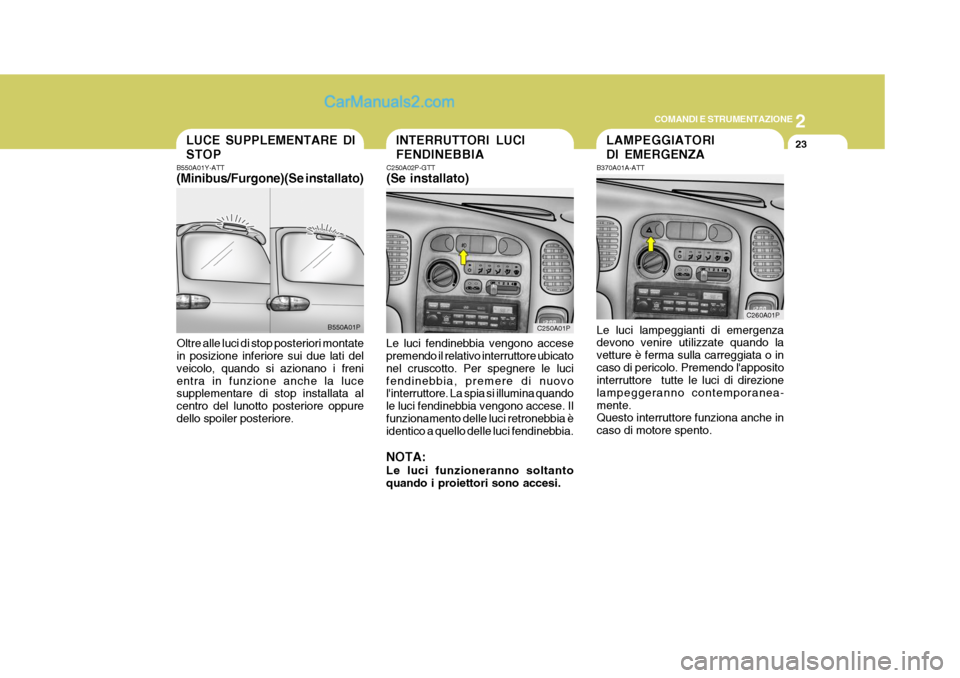 Hyundai H-1 (Grand Starex) 2007 Manuale del proprietario (in Italian) 2
COMANDI E STRUMENTAZIONE
23LUCE SUPPLEMENTARE DI STOP
B550A01Y-ATT (Minibus/Furgone)(Se installato) Oltre alle luci di stop posteriori montate in posizione inferiore sui due lati del veicolo, quando Hyundai H-1 (Grand Starex) 2007 Manuale del proprietario (in Italian) 2
COMANDI E STRUMENTAZIONE
23LUCE SUPPLEMENTARE DI STOP
B550A01Y-ATT (Minibus/Furgone)(Se installato) Oltre alle luci di stop posteriori montate in posizione inferiore sui due lati del veicolo, quando