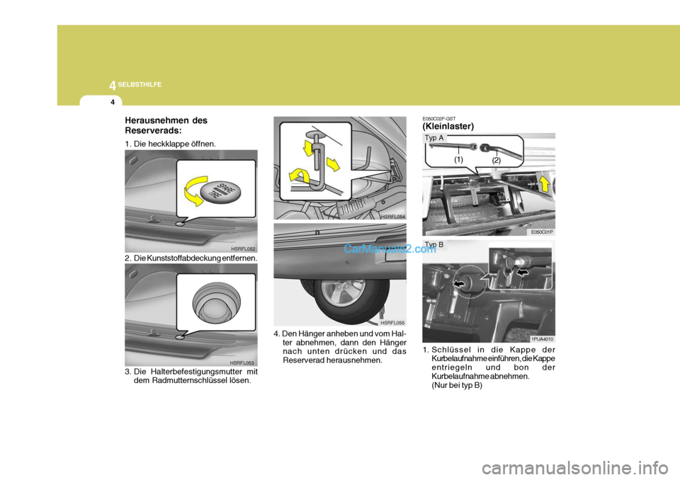 Hyundai H-1 (Grand Starex) 2006  Betriebsanleitung (in German) 44SELBSTHILFE
4
E050C02P-GST (Kleinlaster) 
1. Schlüssel in die Kappe der
Kurbelaufnahme einführen, die Kappe entriegeln und bon derKurbelaufnahme abnehmen. (Nur bei typ B) E050C01P
(1)
(2)
HSRFL052