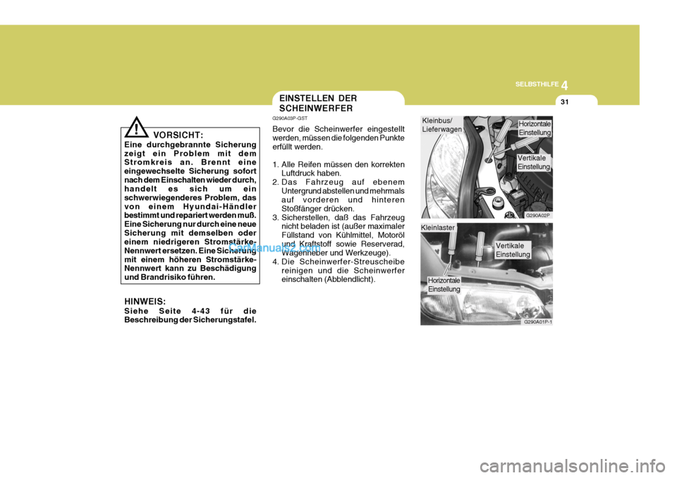Hyundai H-1 (Grand Starex) 2006  Betriebsanleitung (in German) 4
CORROSION PREVENTION AND APPEARANCE CARE
31
4
SELBSTHILFE
31
Vertikale Einstellung
G290A01P-1
Kleinlaster
EINSTELLEN DER SCHEINWERFER
G290A03P-GST Bevor die Scheinwerfer eingestellt werden, müssen 