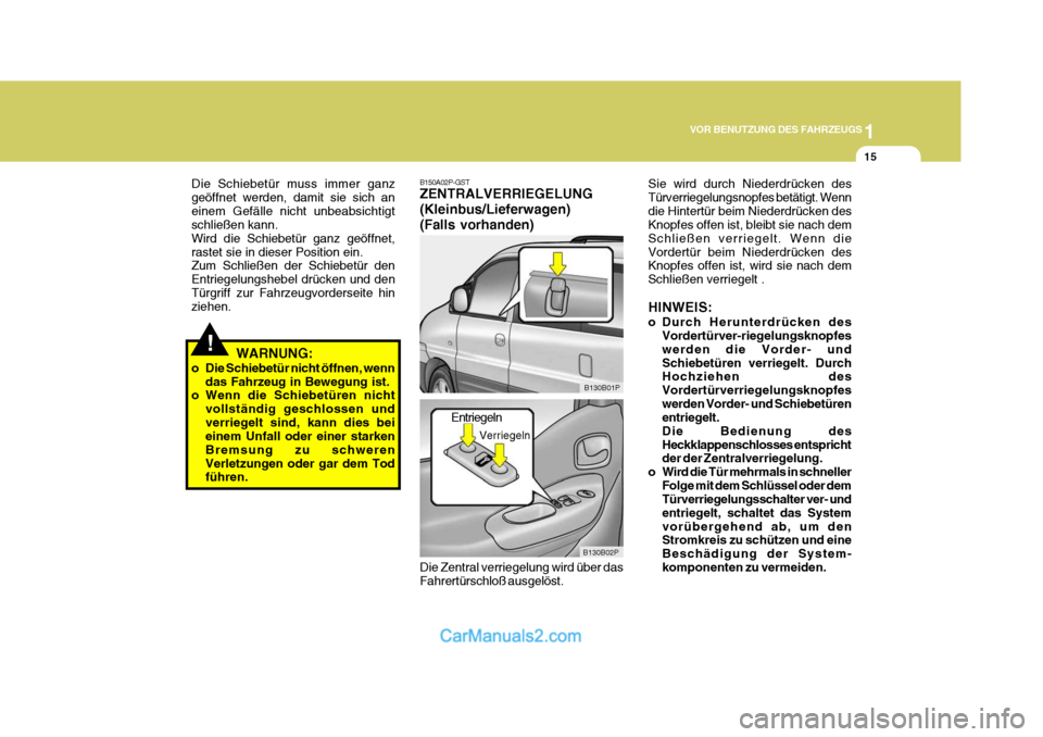 Hyundai H-1 (Grand Starex) 2006 Betriebsanleitung (in German) 1
VOR BENUTZUNG DES FAHRZEUGS
15
!
Die Schiebetür muss immer ganz geöffnet werden, damit sie sich aneinem Gefälle nicht unbeabsichtigt schließen kann. Wird die Schiebetür ganz geöffnet,rastet si Hyundai H-1 (Grand Starex) 2006 Betriebsanleitung (in German) 1
VOR BENUTZUNG DES FAHRZEUGS
15
!
Die Schiebetür muss immer ganz geöffnet werden, damit sie sich aneinem Gefälle nicht unbeabsichtigt schließen kann. Wird die Schiebetür ganz geöffnet,rastet si