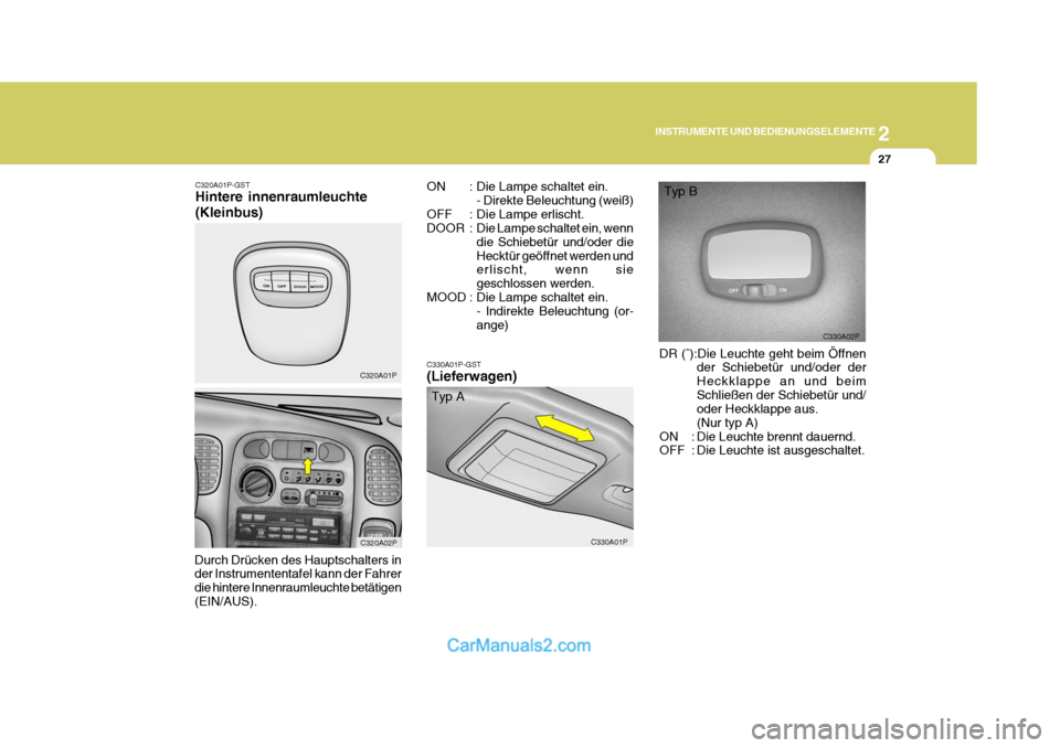 Hyundai H-1 (Grand Starex) 2006  Betriebsanleitung (in German) 2
INSTRUMENTE UND BEDIENUNGSELEMENTE
27
C330A02P
ON : Die Lampe schaltet ein.
- Direkte Beleuchtung (weiß)
OFF : Die Lampe erlischt. 
DOOR : Die Lampe schaltet ein, wenn die Schiebetür und/oder dieH