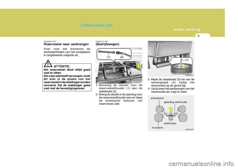 Hyundai H-1 (Grand Starex) 2006  Handleiding (in Dutch) 4
CORROSION PREVENTION AND APPEARANCE CARE
5
4
IN GEVAL VAN PECH
5
E050B02P-GXT Reservewiel weer aanbrengen Voer voor het monteren de werkzaamheden van het verwijderenin omgekeerde volgorde uit.
ATTEN