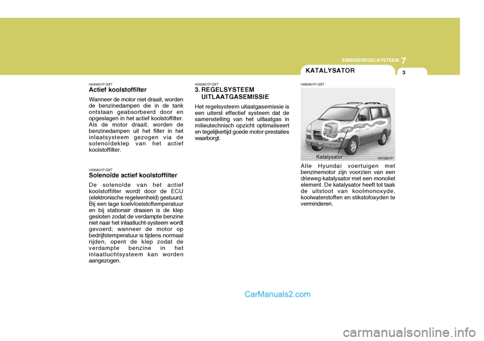 Hyundai H-1 (Grand Starex) 2006  Handleiding (in Dutch) 7
EMISSIEREGELSYSTEEM
3KATALYSATOR
H040A01P-GXT Actief koolstoffilter Wanneer de motor niet draait, worden de benzinedampen die in de tank ontstaan geabsorbeerd door enopgeslagen in het actief koolsto