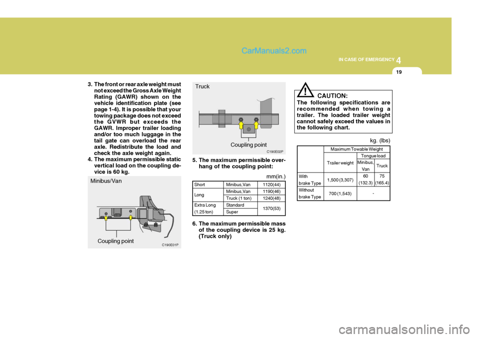 Hyundai H-1 (Grand Starex) 2005 Owners Manual 4
CORROSION PREVENTION AND APPEARANCE CARE
19
4
IN CASE OF EMERGENCY
19
5. The maximum permissible over-
hang of the coupling point:
6. The maximum permissible mass of the coupling device is 25 kg. (T Hyundai H-1 (Grand Starex) 2005 Owners Manual 4
CORROSION PREVENTION AND APPEARANCE CARE
19
4
IN CASE OF EMERGENCY
19
5. The maximum permissible over-
hang of the coupling point:
6. The maximum permissible mass of the coupling device is 25 kg. (T