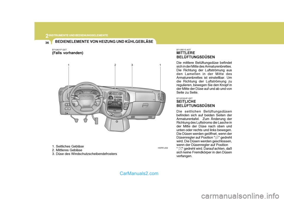 Hyundai H-1 (Grand Starex) 2005  Betriebsanleitung (in German) 2INSTRUMENTE UND BEDIENUNGSELEMENTE
36
HSRFL002 B710C02HP-GST SEITLICHE BELÜFTUNGSDÜSEN Die seitlichen Belüftungsdüsen befinden sich auf beiden Seiten derArmaturentafel.  Zum Änderung der Richtun