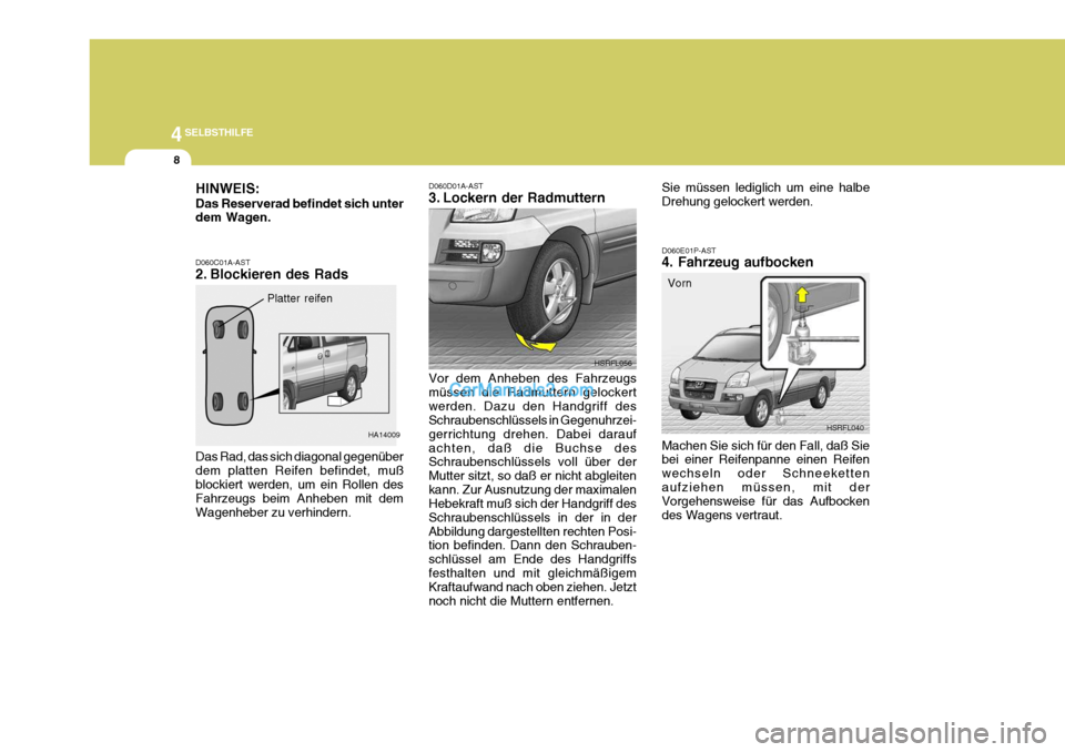 Hyundai H-1 (Grand Starex) 2005  Betriebsanleitung (in German) 44SELBSTHILFE
8
HSRFL056 D060E01P-AST 4. Fahrzeug aufbocken
HSRFL040
Vorn
Machen Sie sich für den Fall, daß Sie bei einer Reifenpanne einen Reifen wechseln oder Schneekettenaufziehen müssen, mit de