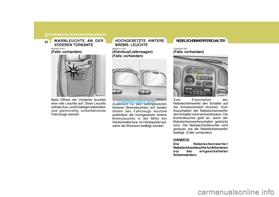 Hyundai H-1 (Grand Starex) 2005  Betriebsanleitung (in German) 2INSTRUMENTE UND BEDIENUNGSELEMENTE
22NEBELSCHEINWERFERSCHALTER
C250A02P-GST (Falls vorhanden) Zum Einschalten der Nebelscheinwerfer den Schalter auf der Armaturentafel drücken. ZumAusschalten der Ne