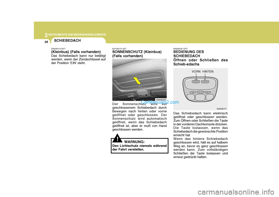 Hyundai H-1 (Grand Starex) 2005  Betriebsanleitung (in German) 2INSTRUMENTE UND BEDIENUNGSELEMENTE
28
B460B03P-GST BEDIENUNG DES SCHIEBEDACHÖffnen oder Schließen desSchieb-edachs Das Schiebedach kann elektrisch geöffnet oder geschlossen werden. Zum Öffnen ode