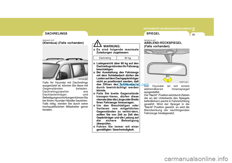 Hyundai H-1 (Grand Starex) 2005  Betriebsanleitung (in German) 2
INSTRUMENTE UND BEDIENUNGSELEMENTE
31DACHRELINGS
B630A03P-GST (Kleinbus) (Falls vorhanden) Falls lhr Hyundai mit Dachrelings ausgerüstet ist, können Sie diese mit Gegenständen beladen.Dachrelingz