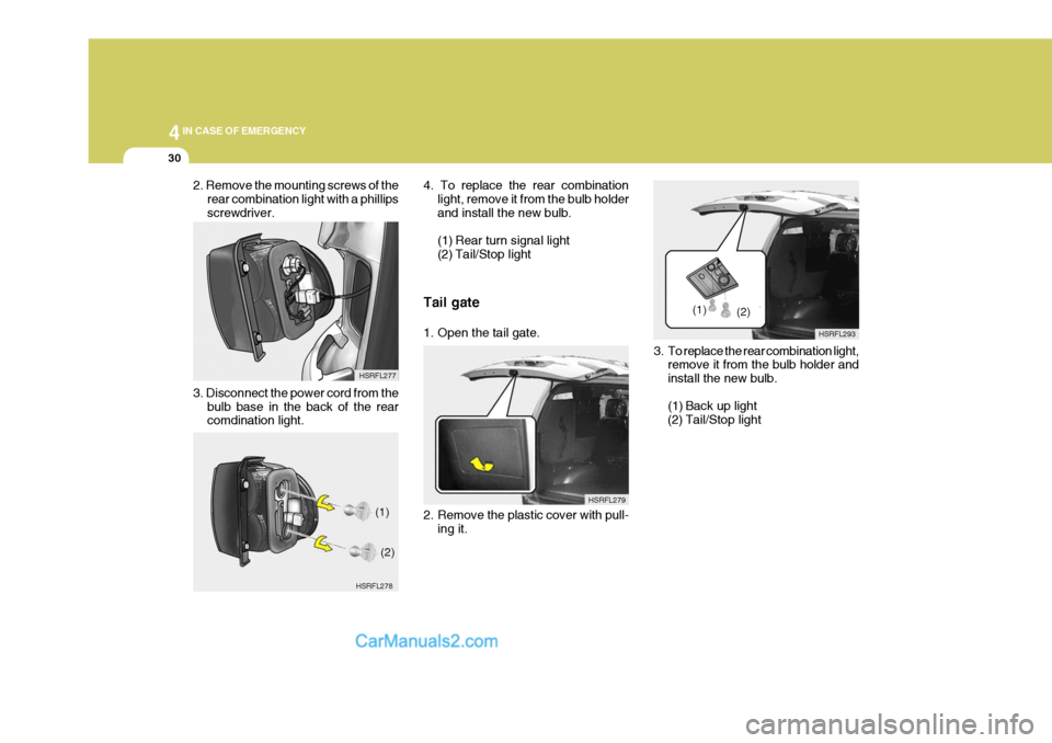 Hyundai H-1 (Grand Starex) 2004  Owners Manual 44IN CASE OF EMERGENCY
30
3. To replace the rear combination light,
remove it from the bulb holder and install the new bulb. 
(1) Back up light
(2) Tail/Stop light HSRFL293
(1)
(2)
2. Remove the mount