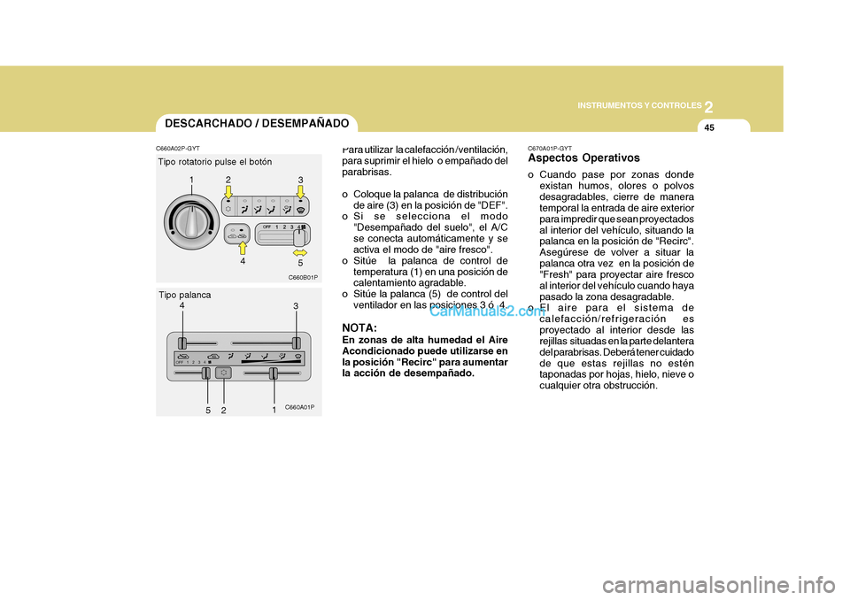 Hyundai H-1 (Grand Starex) 2004 Manual del propietario (in Spanish) 2
INSTRUMENTOS Y CONTROLES
45
C660B01P
C660A01P
1
2 3
4
5
12
3
4 5
Para utilizar la calefacción /ventilación, para suprimir el hielo o empañado delparabrisas.
o Coloque la palanca de distribuci Hyundai H-1 (Grand Starex) 2004 Manual del propietario (in Spanish) 2
INSTRUMENTOS Y CONTROLES
45
C660B01P
C660A01P
1
2 3
4
5
12
3
4 5
Para utilizar la calefacción /ventilación, para suprimir el hielo o empañado delparabrisas.
o Coloque la palanca de distribuci