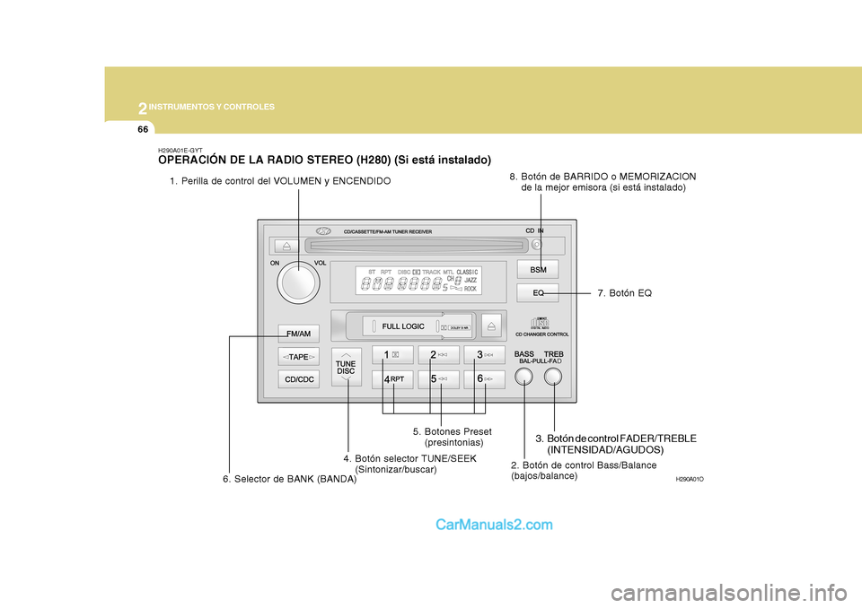 Hyundai H-1 (Grand Starex) 2004  Manual del propietario (in Spanish) 2INSTRUMENTOS Y CONTROLES
66
H290A01O
H290A01E-GYT OPERACIÓN DE LA RADIO STEREO (H280) (Si está instalado)
1. Perilla de control del VOLUMEN y ENCENDIDO
2. Botón de control Bass/Balance (bajos/bala