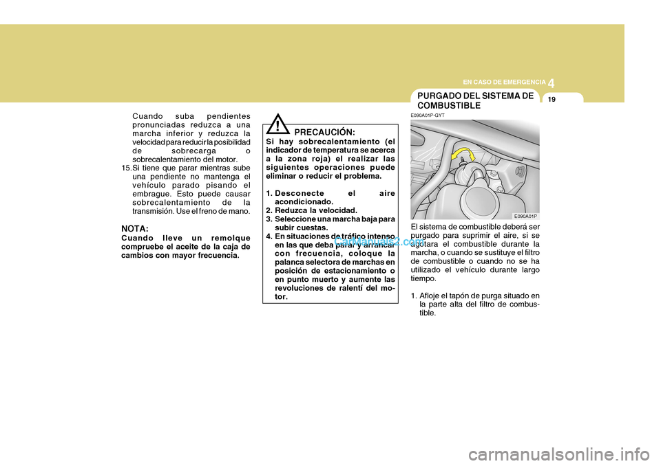 Hyundai H-1 (Grand Starex) 2004 Manual del propietario (in Spanish) 4
CORROSION PREVENTION AND APPEARANCE CARE
19
4
EN CASO DE EMERGENCIA
19PURGADO DEL SISTEMA DE COMBUSTIBLE
E090A01P-GYT El sistema de combustible deberá ser purgado para suprimir el aire, si seagotar Hyundai H-1 (Grand Starex) 2004 Manual del propietario (in Spanish) 4
CORROSION PREVENTION AND APPEARANCE CARE
19
4
EN CASO DE EMERGENCIA
19PURGADO DEL SISTEMA DE COMBUSTIBLE
E090A01P-GYT El sistema de combustible deberá ser purgado para suprimir el aire, si seagotar