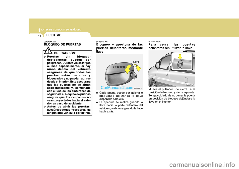 Hyundai H-1 (Grand Starex) 2004 Manual del propietario (in Spanish) 1ANTES DE CONDUCIR SU VEHÍCULO
14
B130B01P-GYT Para cerrar las puertas delanteras sin utilizar la llave
B040B01PB130B01P
B040B01A-AYT Bloqueo y apertura de las puertas delanteras mediantellave
o Cad Hyundai H-1 (Grand Starex) 2004 Manual del propietario (in Spanish) 1ANTES DE CONDUCIR SU VEHÍCULO
14
B130B01P-GYT Para cerrar las puertas delanteras sin utilizar la llave
B040B01PB130B01P
B040B01A-AYT Bloqueo y apertura de las puertas delanteras mediantellave
o Cad