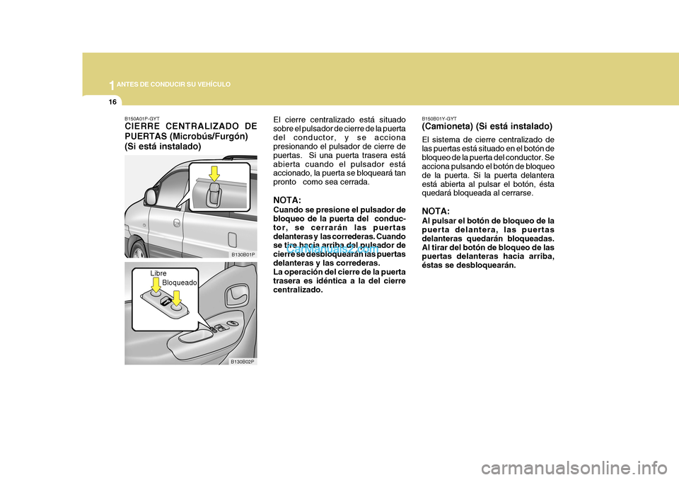 Hyundai H-1 (Grand Starex) 2004 Manual del propietario (in Spanish) 1ANTES DE CONDUCIR SU VEHÍCULO
16
B130B02P
B130B01P B150B01Y-GYT (Camioneta) (Si está instalado) El sistema de cierre centralizado de las puertas está situado en el botón debloqueo de la puerta de Hyundai H-1 (Grand Starex) 2004 Manual del propietario (in Spanish) 1ANTES DE CONDUCIR SU VEHÍCULO
16
B130B02P
B130B01P B150B01Y-GYT (Camioneta) (Si está instalado) El sistema de cierre centralizado de las puertas está situado en el botón debloqueo de la puerta de