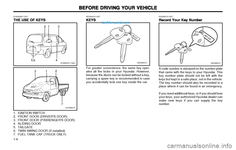 Hyundai H-1 (Grand Starex) 2003 Owners Manual BEFORE DRIVING YOUR VEHICLE
BEFORE DRIVING YOUR VEHICLE BEFORE DRIVING YOUR VEHICLE
BEFORE DRIVING YOUR VEHICLE
BEFORE DRIVING YOUR VEHICLE
1-4 B100A02P-GAT
TT
TT
T HE USE OF KEYS
HE USE OF KEYS HE US Hyundai H-1 (Grand Starex) 2003 Owners Manual BEFORE DRIVING YOUR VEHICLE
BEFORE DRIVING YOUR VEHICLE BEFORE DRIVING YOUR VEHICLE
BEFORE DRIVING YOUR VEHICLE
BEFORE DRIVING YOUR VEHICLE
1-4 B100A02P-GAT
TT
TT
T HE USE OF KEYS
HE USE OF KEYS HE US