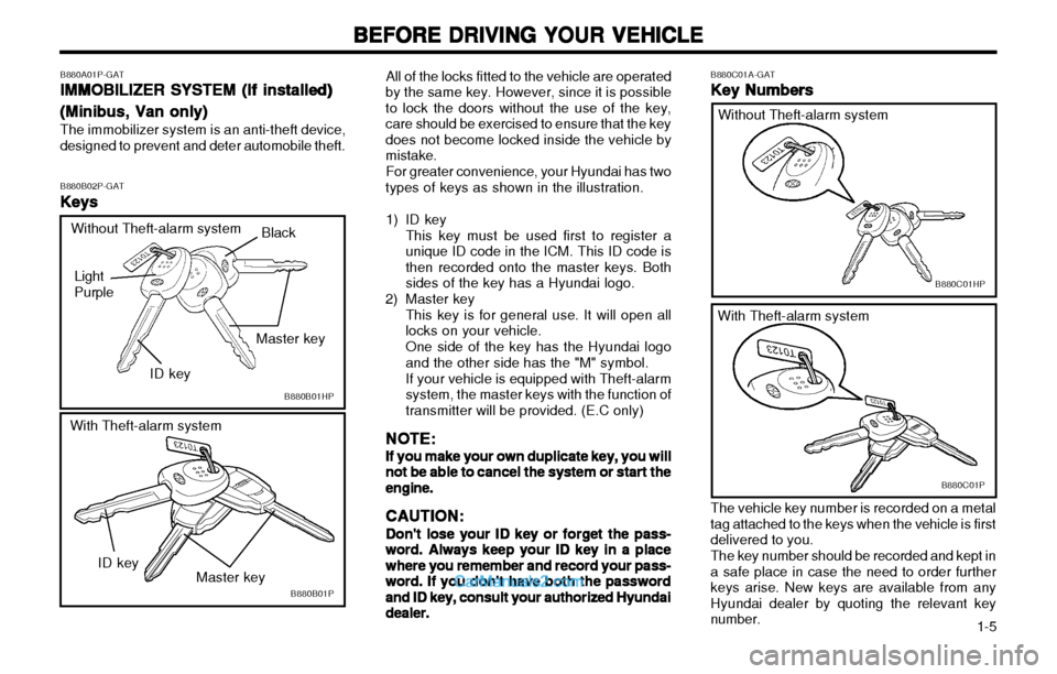 Hyundai H-1 (Grand Starex) 2003 Owners Manual 1-5
BEFORE DRIVING YOUR VEHICLE
BEFORE DRIVING YOUR VEHICLE BEFORE DRIVING YOUR VEHICLE
BEFORE DRIVING YOUR VEHICLE
BEFORE DRIVING YOUR VEHICLE
B880B02P-GAT Keys
Keys Keys
Keys
Keys All of the locks Hyundai H-1 (Grand Starex) 2003 Owners Manual 1-5
BEFORE DRIVING YOUR VEHICLE
BEFORE DRIVING YOUR VEHICLE BEFORE DRIVING YOUR VEHICLE
BEFORE DRIVING YOUR VEHICLE
BEFORE DRIVING YOUR VEHICLE
B880B02P-GAT Keys
Keys Keys
Keys
Keys All of the locks