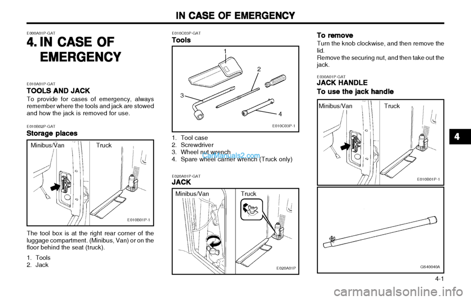 Hyundai H-1 (Grand Starex) 2003 Owners Manual IN CASE OF EMERGENCY
IN CASE OF EMERGENCY IN CASE OF EMERGENCY
IN CASE OF EMERGENCY
IN CASE OF EMERGENCY
4-1
TruckMinibus/Van
E010C03P-GATTools
Tools Tools
Tools
Tools
E000A01P-GAT
4.4.
4.4.
4. IN C Hyundai H-1 (Grand Starex) 2003 Owners Manual IN CASE OF EMERGENCY
IN CASE OF EMERGENCY IN CASE OF EMERGENCY
IN CASE OF EMERGENCY
IN CASE OF EMERGENCY
4-1
TruckMinibus/Van
E010C03P-GATTools
Tools Tools
Tools
Tools
E000A01P-GAT
4.4.
4.4.
4. IN C