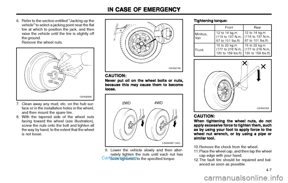 Hyundai H-1 (Grand Starex) 2003 Owners Manual IN CASE OF EMERGENCY
IN CASE OF EMERGENCY IN CASE OF EMERGENCY
IN CASE OF EMERGENCY
IN CASE OF EMERGENCY
4-7
GS40210A
E060A08P-GAG
2WD4WD Tightening torque:
Tightening torque: Tightening torque:
Tig Hyundai H-1 (Grand Starex) 2003 Owners Manual IN CASE OF EMERGENCY
IN CASE OF EMERGENCY IN CASE OF EMERGENCY
IN CASE OF EMERGENCY
IN CASE OF EMERGENCY
4-7
GS40210A
E060A08P-GAG
2WD4WD Tightening torque:
Tightening torque: Tightening torque:
Tig