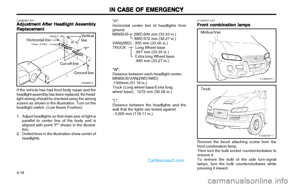 Hyundai H-1 (Grand Starex) 2003 Owners Manual IN CASE OF EMERGENCY
IN CASE OF EMERGENCY IN CASE OF EMERGENCY
IN CASE OF EMERGENCY
IN CASE OF EMERGENCY
4-18 E130D01P-GAT
Front combination lamps
Front combination lamps Front combination lamps
Front Hyundai H-1 (Grand Starex) 2003 Owners Manual IN CASE OF EMERGENCY
IN CASE OF EMERGENCY IN CASE OF EMERGENCY
IN CASE OF EMERGENCY
IN CASE OF EMERGENCY
4-18 E130D01P-GAT
Front combination lamps
Front combination lamps Front combination lamps
Front