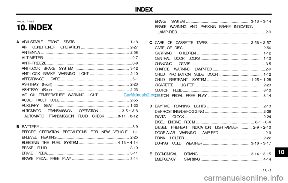 Hyundai H-1 (Grand Starex) 2003 Owners Manual 10-1
INDEX
INDEX INDEX
INDEX
INDEX
BRAKE SYSTEM ....................................................................... 3-13 ~ 3-14
BRAKE WARNING AND PARKING BRAKE INDICATION
LAMP-RED ................ Hyundai H-1 (Grand Starex) 2003 Owners Manual 10-1
INDEX
INDEX INDEX
INDEX
INDEX
BRAKE SYSTEM ....................................................................... 3-13 ~ 3-14
BRAKE WARNING AND PARKING BRAKE INDICATION
LAMP-RED ................