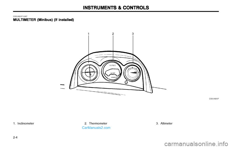 Hyundai H-1 (Grand Starex) 2003  Owners Manual INSTRUMENTS & CONTROLS
INSTRUMENTS & CONTROLS INSTRUMENTS & CONTROLS
INSTRUMENTS & CONTROLS
INSTRUMENTS & CONTROLS
2-4
C031A01P-GAT MULTIMETER (M
MULTIMETER (M MULTIMETER (M
MULTIMETER (M
MULTIMETER (