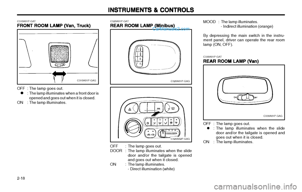 Hyundai H-1 (Grand Starex) 2003 Owners Manual INSTRUMENTS & CONTROLS
INSTRUMENTS & CONTROLS INSTRUMENTS & CONTROLS
INSTRUMENTS & CONTROLS
INSTRUMENTS & CONTROLS
2-18 C320A01P-GAT
REAR ROOM LAMP (Minibus)
REAR ROOM LAMP (Minibus) REAR ROOM LAMP (M Hyundai H-1 (Grand Starex) 2003 Owners Manual INSTRUMENTS & CONTROLS
INSTRUMENTS & CONTROLS INSTRUMENTS & CONTROLS
INSTRUMENTS & CONTROLS
INSTRUMENTS & CONTROLS
2-18 C320A01P-GAT
REAR ROOM LAMP (Minibus)
REAR ROOM LAMP (Minibus) REAR ROOM LAMP (M