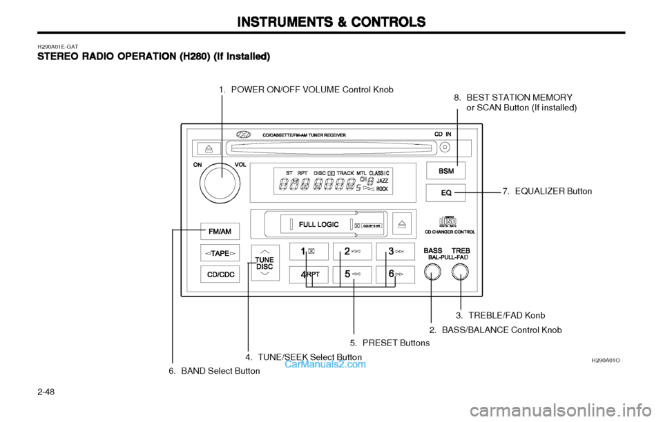 Hyundai H-1 (Grand Starex) 2003  Owners Manual INSTRUMENTS & CONTROLS
INSTRUMENTS & CONTROLS INSTRUMENTS & CONTROLS
INSTRUMENTS & CONTROLS
INSTRUMENTS & CONTROLS
2-48 H290A01E-GAT
STEREO RADIO OPERATION (H280) (If 
STEREO RADIO OPERATION (H280) (I