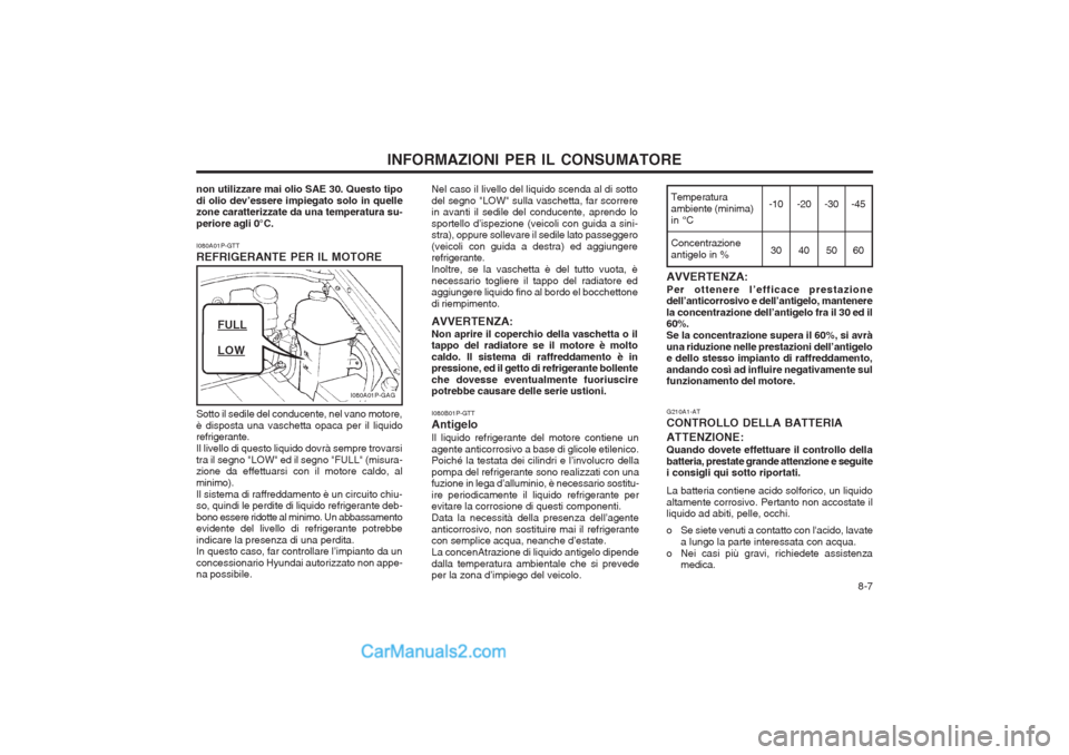 Hyundai H-1 (Grand Starex) 2003 Manuale del proprietario (in Italian) 8-7
INFORMAZIONI PER IL CONSUMATORE
I080A01P-GTT REFRIGERANTE PER IL MOTORE
I080A01P-GAG
FULL
LOW Nel caso il livello del liquido scenda al di sotto del segno "LOW" sulla vaschetta, far scorrere in Hyundai H-1 (Grand Starex) 2003 Manuale del proprietario (in Italian) 8-7
INFORMAZIONI PER IL CONSUMATORE
I080A01P-GTT REFRIGERANTE PER IL MOTORE
I080A01P-GAG
FULL
LOW Nel caso il livello del liquido scenda al di sotto del segno "LOW" sulla vaschetta, far scorrere in
